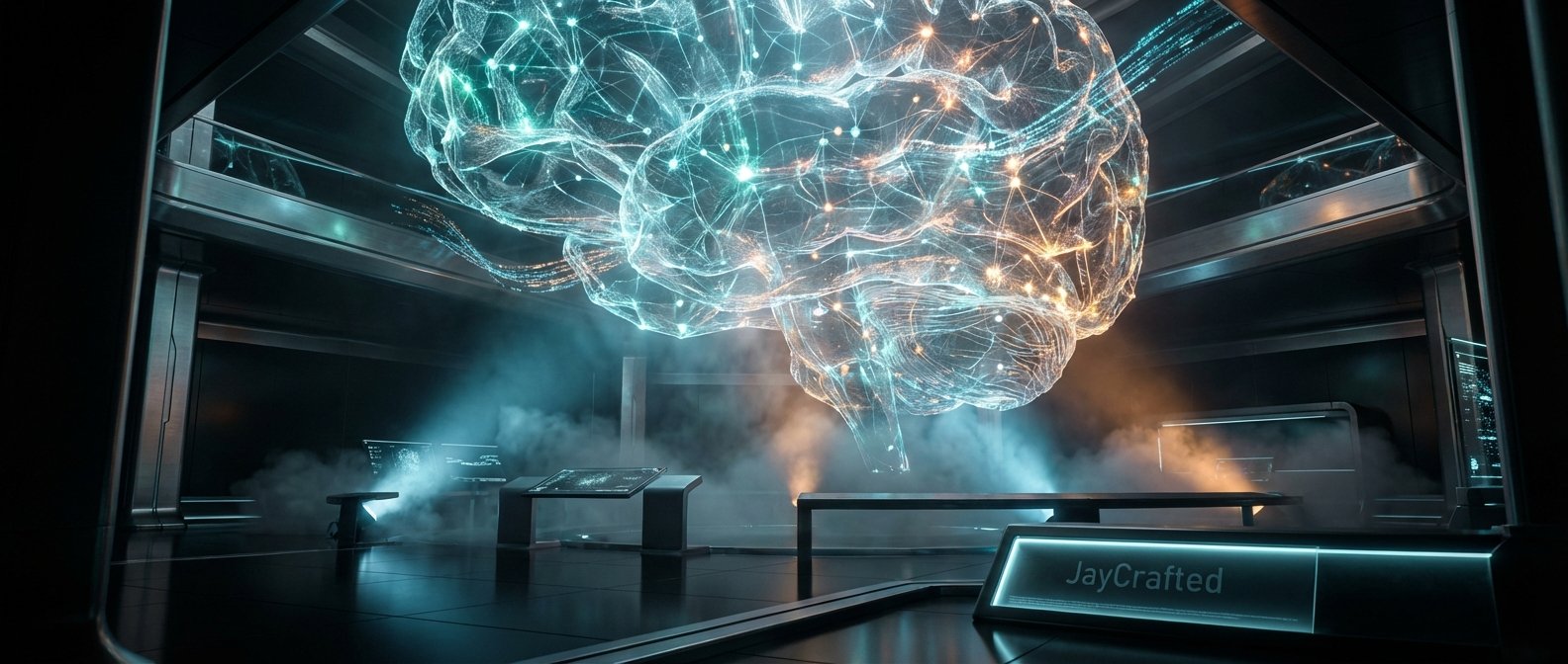 Un modelo holográfico y brillante de un cerebro humano con conexiones neuronales luminosas en tonos azules y naranjas, flotando en un laboratorio futurista con humo. En el entorno oscuro se aprecian consolas con pantallas de datos y, en primer plano, una placa luminosa con el texto 'JayCrafted'.