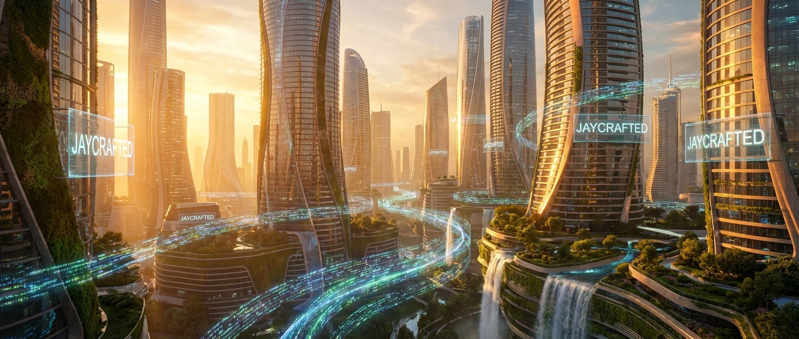 Una ciudad futurista con rascacielos altos y curvos, muchos con vegetación vertical integrada y cascadas de agua. Flujos de luz azul y verde que representan datos o energía conectan las estructuras, y letreros holográficos muestran 'JAYCRAFTED' en un entorno de amanecer o atardecer.