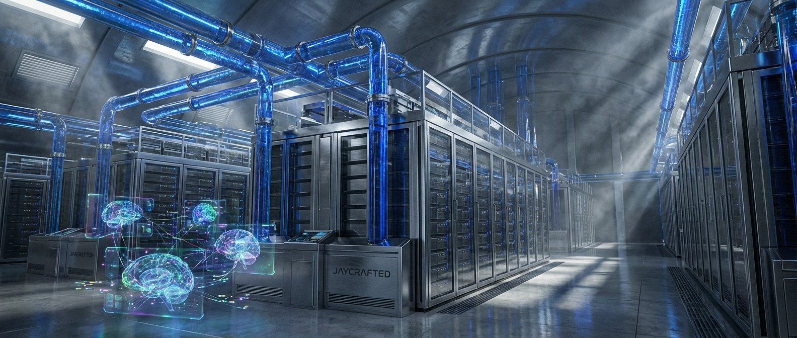 Sala de servidores futurista con filas de armarios, tuberías azules luminosas en el techo y conectadas a los equipos, y proyecciones holográficas de cerebros interconectados que representan inteligencia artificial.