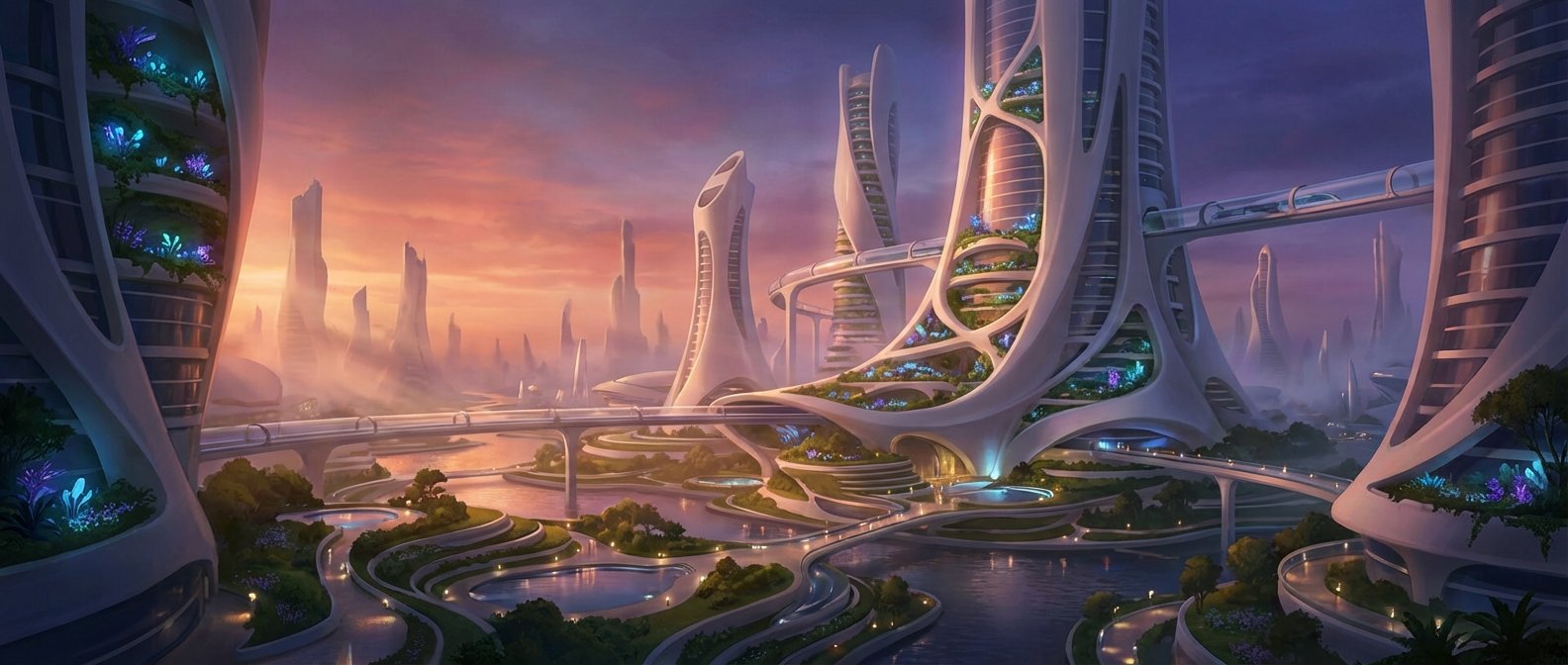 Paisaje urbano futurista al atardecer, mostrando rascacielos blancos de diseño orgánico con jardines verticales y plantas luminosas, sistemas de transporte elevados en tubos, y vías de agua serpenteantes rodeadas de parques y caminos iluminados.}