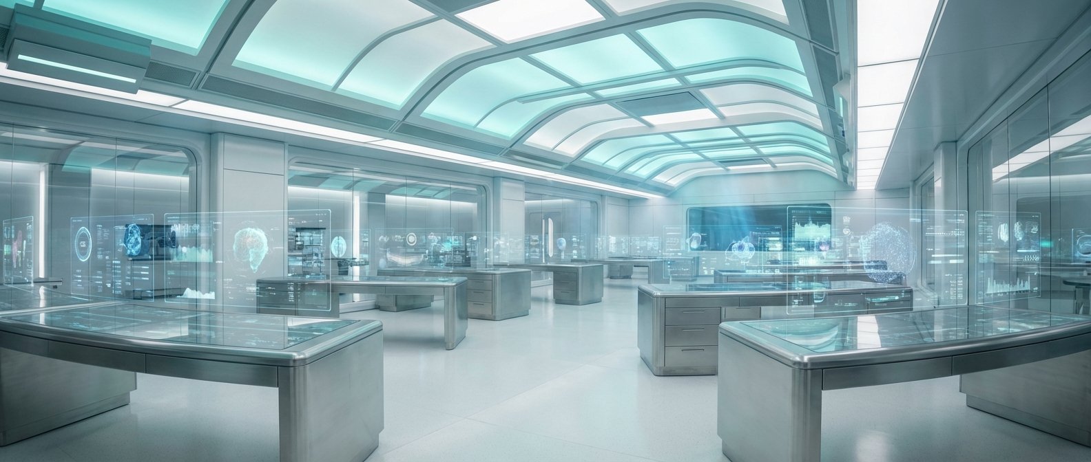Interior de un laboratorio científico futurista con mobiliario metálico y numerosas pantallas holográficas translúcidas mostrando gráficos, datos y modelos 3D.