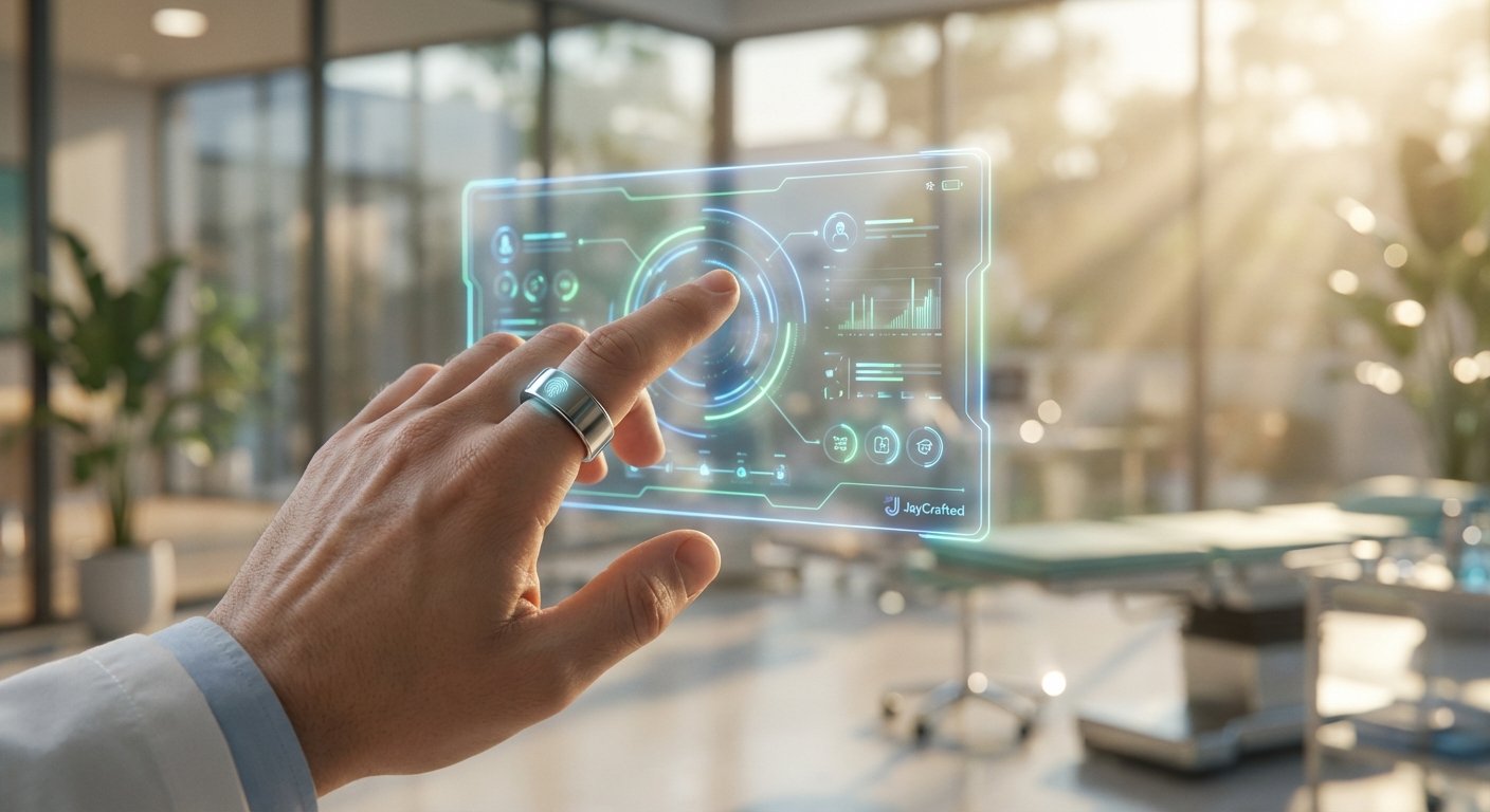 Mano de un profesional médico con un anillo inteligente que muestra una huella dactilar, interactuando con una pantalla holográfica con datos y gráficos médicos, en un entorno clínico moderno y luminoso.