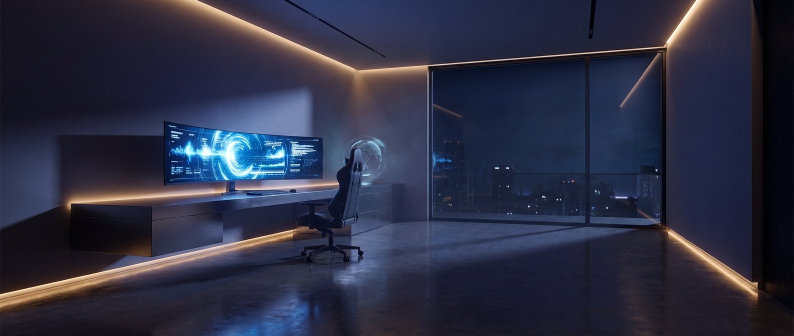 Oficina moderna con un setup de trabajo o gaming. La habitación cuenta con un monitor curvo ultrawide mostrando gráficos azules, un escritorio flotante oscuro y una silla gaming negra. La iluminación LED cálida realza el techo, el suelo y bajo el escritorio, complementada por un gran ventanal con vistas a una ciudad nocturna. A la derecha, se observa una proyección holográfica de un globo.