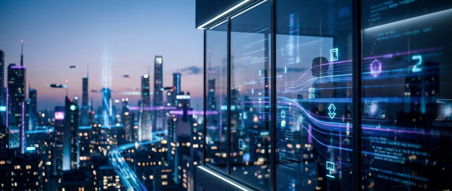 Una persona observa una ciudad futurista con rascacielos iluminados y vehículos voladores a través de ventanas con displays holográficos de código y flujos de datos.