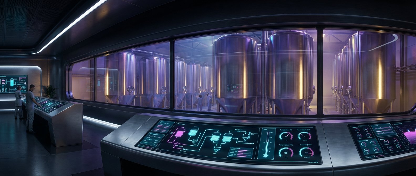 Sala de control moderna con dos operarios manejando paneles interactivos que muestran diagramas de procesos, frente a una gran ventana que da a una planta industrial con múltiples tanques de acero inoxidable.