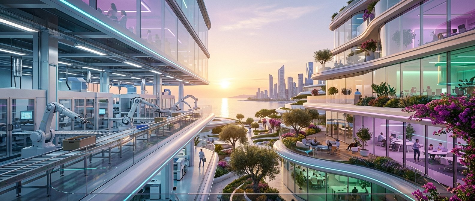 Fábrica automatizada con robots industriales y línea de producción junto a modernos edificios de oficinas con balcones ajardinados y personas trabajando, frente a un atardecer sobre el mar y una ciudad futurista.