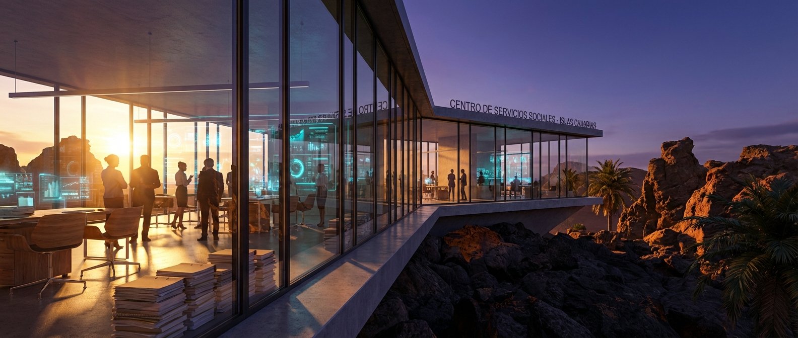 Edificio moderno de cristal, identificado como 'CENTRO DE SERVICIOS SOCIALES - ISLAS CANARIAS', con profesionales trabajando y pantallas holográficas de datos en un entorno rocoso al atardecer.