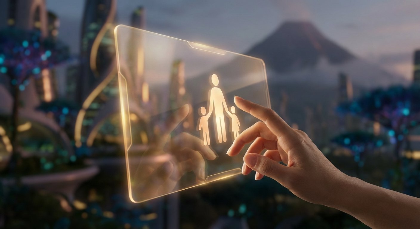 Una mano toca una pantalla transparente que muestra un icono de familia brillante. Al fondo, se aprecia una ciudad futurista con edificios iluminados y una montaña con nubes.