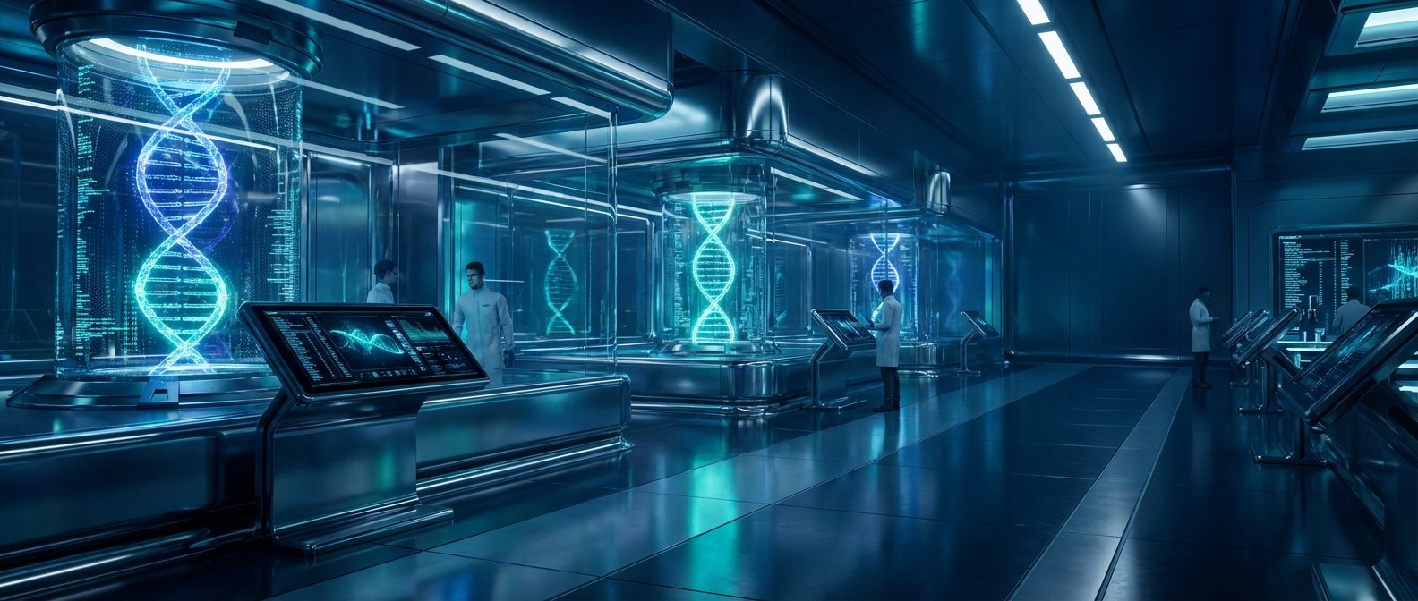 Laboratorio futurista con científicos en batas blancas trabajando entre grandes displays holográficos de ADN de color azul y verde azulado, y monitores de control interactivos.