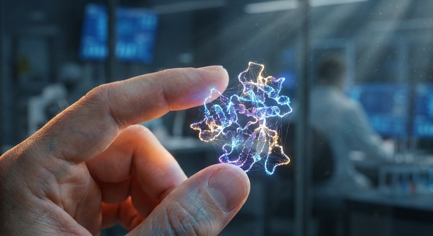 Una mano sostiene un objeto holográfico brillante y colorido que representa una red de datos o una molécula compleja, con un fondo borroso de un laboratorio tecnológico.