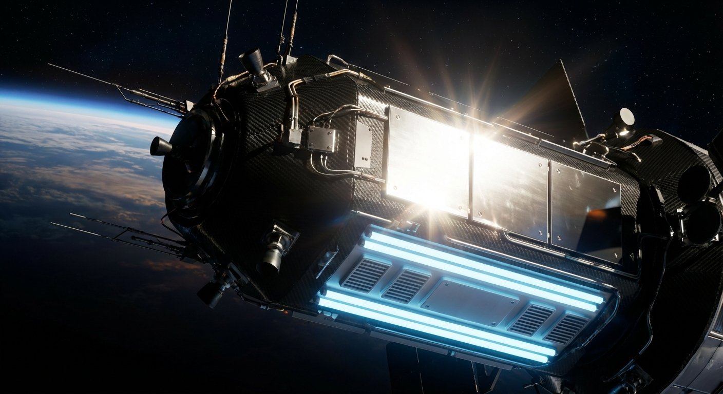 Satélite en órbita terrestre con cuerpo oscuro de fibra de carbono. Paneles metálicos reflejan la luz solar intensamente, y dos paneles inferiores emiten una luz azul brillante. Se ve la curvatura de la Tierra y estrellas al fondo.
