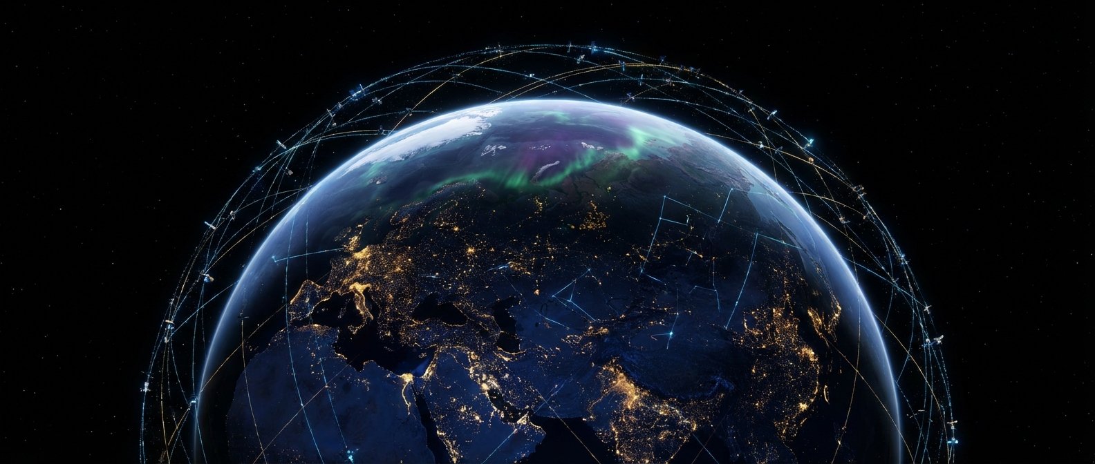 La Tierra vista de noche desde el espacio, con ciudades iluminadas en Europa, Oriente Medio y Asia, auroras boreales en el norte y una red de satélites interconectados rodeándola.