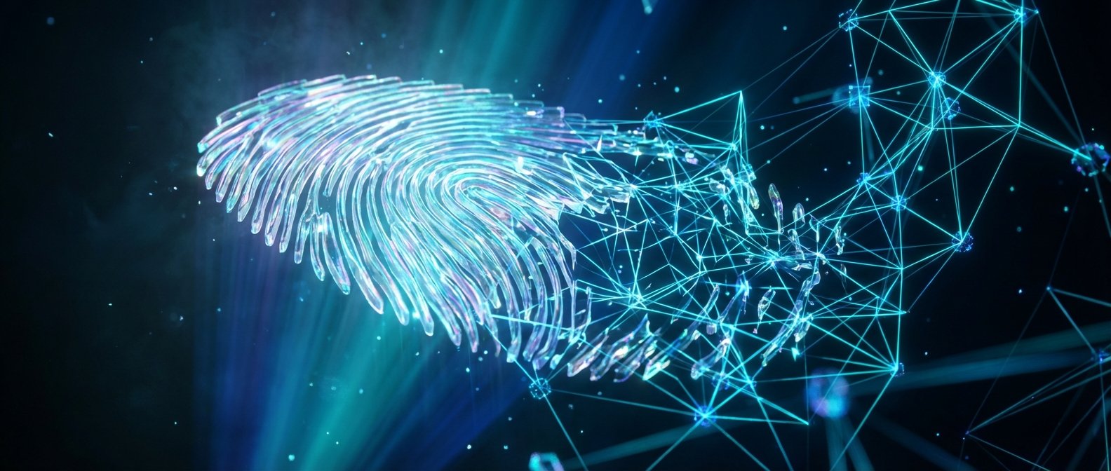 Huella dactilar digital brillante que se disuelve en una red de conexiones luminosas azules y cian sobre un fondo oscuro.