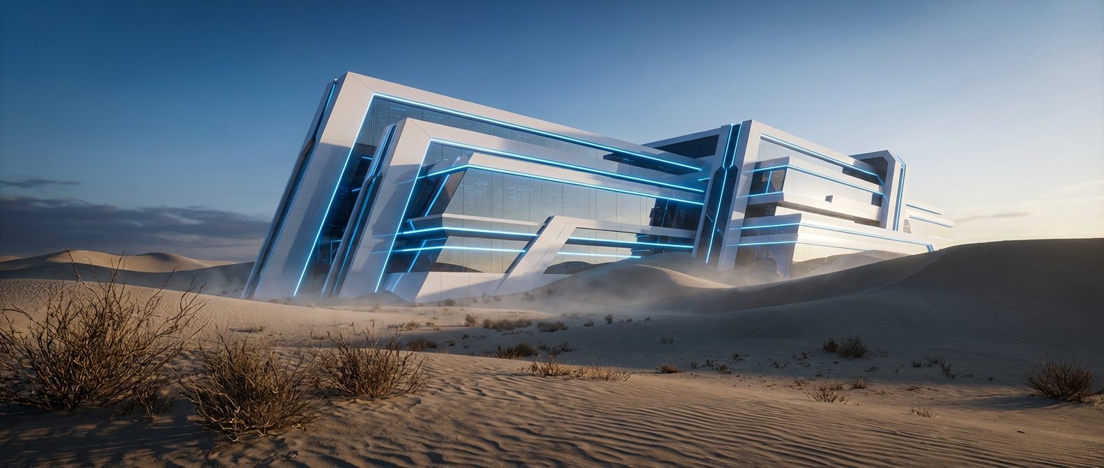Edificio futurista con arquitectura geométrica blanca y luces de neón azules, ubicado en un desierto con dunas de arena y arbustos secos bajo un cielo al atardecer.