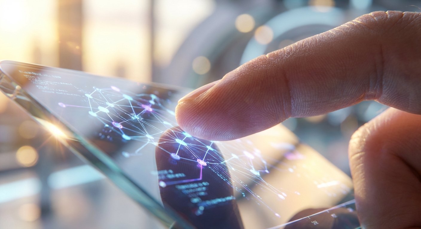 Primer plano de un dedo tocando una pantalla transparente que muestra una red digital de nodos luminosos y código.