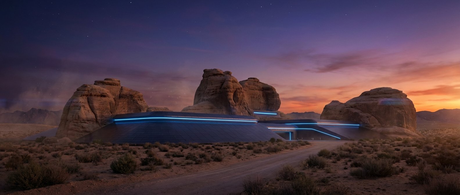 Edificio futurista con luces azules de neón, integrado entre grandes formaciones rocosas en un desierto, bajo un cielo crepuscular con estrellas y colores anaranjados. Un camino de tierra atraviesa la vegetación seca en primer plano.