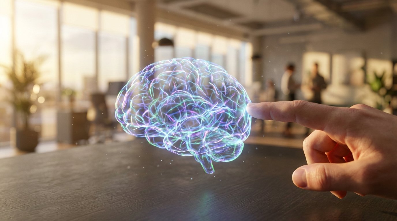 Una mano humana con el dedo índice toca una proyección holográfica y brillante de un cerebro. La imagen muestra el cerebro flotando sobre una superficie oscura, con un fondo de oficina moderno y borroso con ventanales y personas.