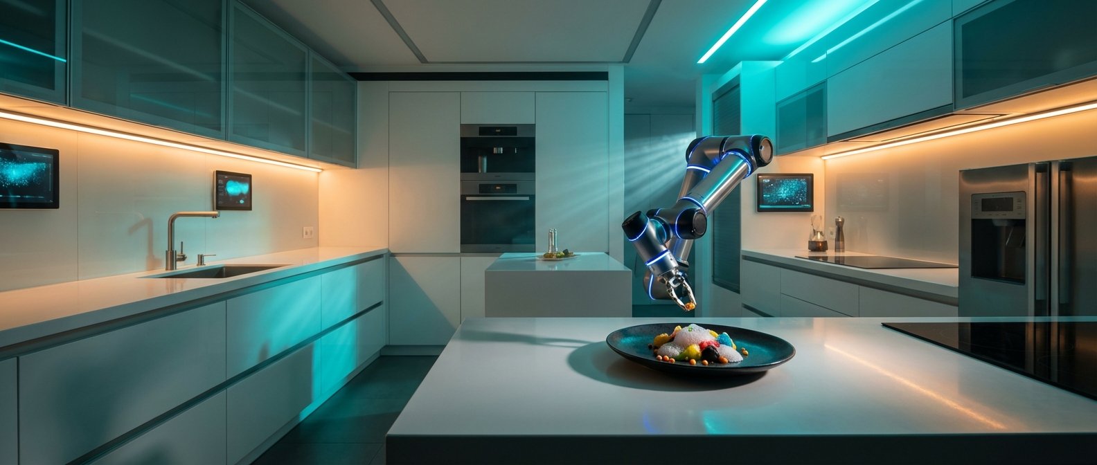 Cocina moderna y futurista con iluminación LED naranja y turquesa. Un brazo robótico sostiene un ingrediente sobre un plato con un postre colorido. Se aprecian encimeras blancas, electrodomésticos integrados y pantallas táctiles en la pared.
