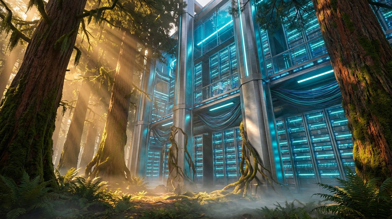 Un centro de datos futurista con paredes de vidrio, luces azules y racks de servidores, integrado en un denso bosque de secuoyas con árboles altos cubiertos de musgo, rayos de sol filtrándose a través del follaje y niebla ligera en el suelo.