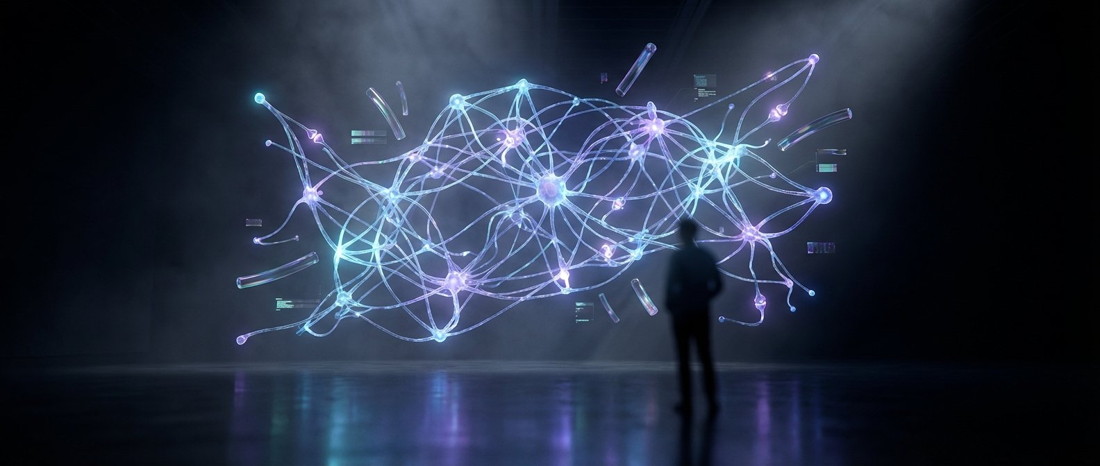 Silueta de una persona observando una gran red neuronal holográfica brillante con nodos interconectados en tonos azules y morados, elementos de datos flotantes y formas tubulares, en una sala oscura y con niebla, sobre un suelo reflectante.