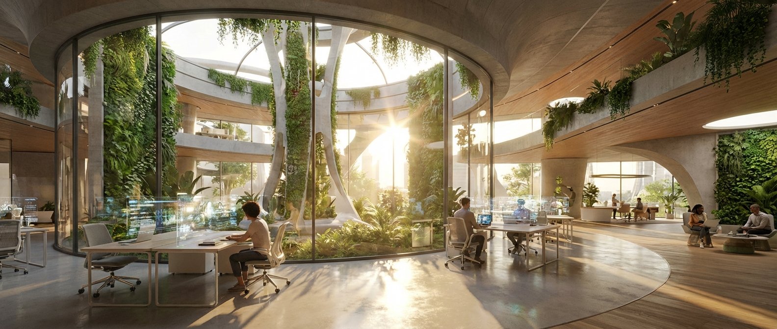 Espacio de oficina moderno y luminoso con un diseño biofílico prominente. Presenta grandes ventanales curvados que dan a un atrio interior lleno de plantas, jardines verticales y estructuras arboladas. La luz del sol inunda el área de trabajo donde personas utilizan escritorios con pantallas holográficas y otras interactúan en zonas de descanso.