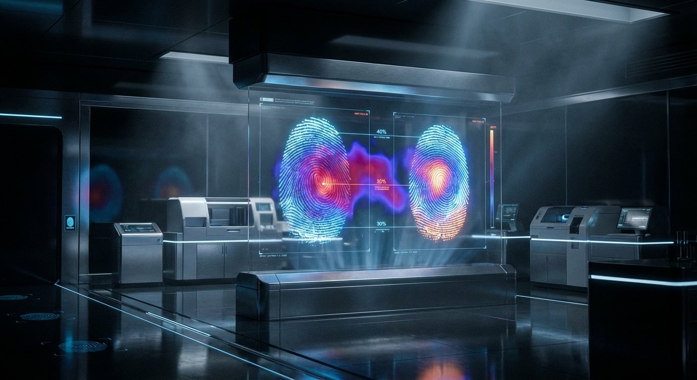 Un laboratorio forense futurista con una pantalla transparente grande mostrando el análisis de dos huellas dactilares con mapas de calor. La sala contiene equipos tecnológicos modernos, iluminación LED azul y un suelo reflectante oscuro.