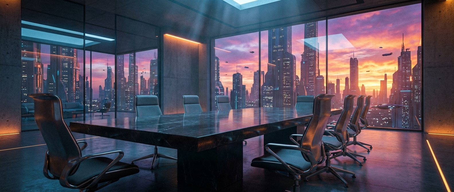 Sala de reuniones futurista con una larga mesa de mármol oscuro y varias sillas de oficina modernas, frente a grandes ventanales que muestran una ciudad cyberpunk al atardecer con rascacielos iluminados y vehículos voladores. El interior presenta paredes de hormigón y luces de neón.