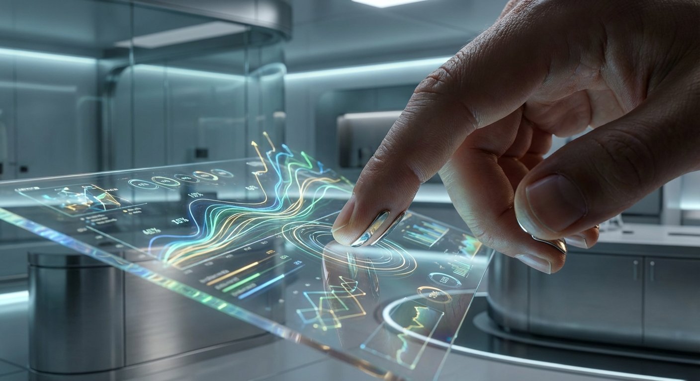 Una mano humana interactúa con una pantalla táctil transparente que muestra gráficos de datos y líneas de colores en un entorno tecnológico moderno.