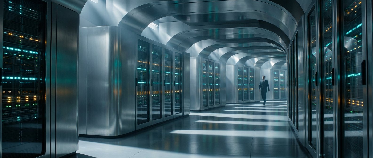 Un hombre de traje camina por un largo corredor de servidores futurista, con racks de datos a ambos lados mostrando luces LED parpadeantes azules y amarillas.