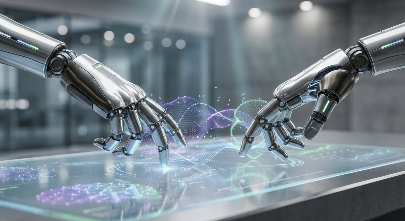 Dos manos robóticas de metal tocan una mesa táctil futurista que muestra visualizaciones de datos luminosas en tonos morados, azules y verdes.