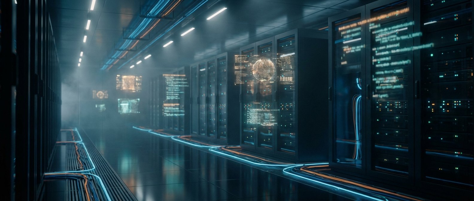 Pasillo largo en un centro de datos moderno con filas de servidores, pantallas mostrando código y un globo holográfico, y cables luminosos azules y naranjas en el suelo.
