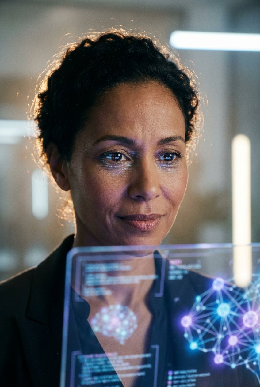 Mujer profesional de tez morena sonriendo mientras interactúa con una pantalla transparente que muestra gráficos de inteligencia artificial, incluyendo una representación de un cerebro y redes neuronales brillantes.
