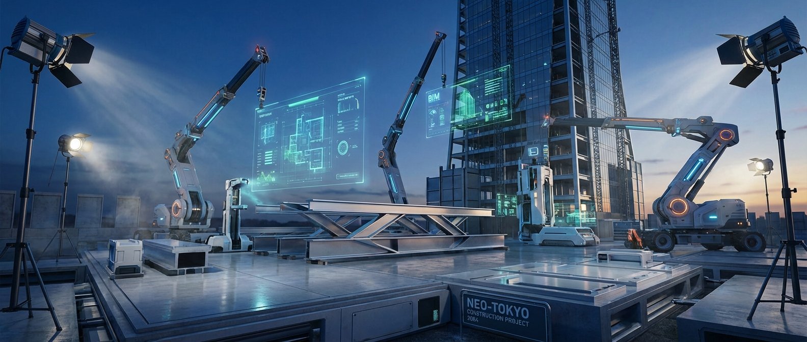 Grúas robóticas construyendo un rascacielos en el proyecto Neo-Tokyo 2064. Se observan pantallas holográficas con planos y modelos BIM, y varios focos iluminan la escena.
