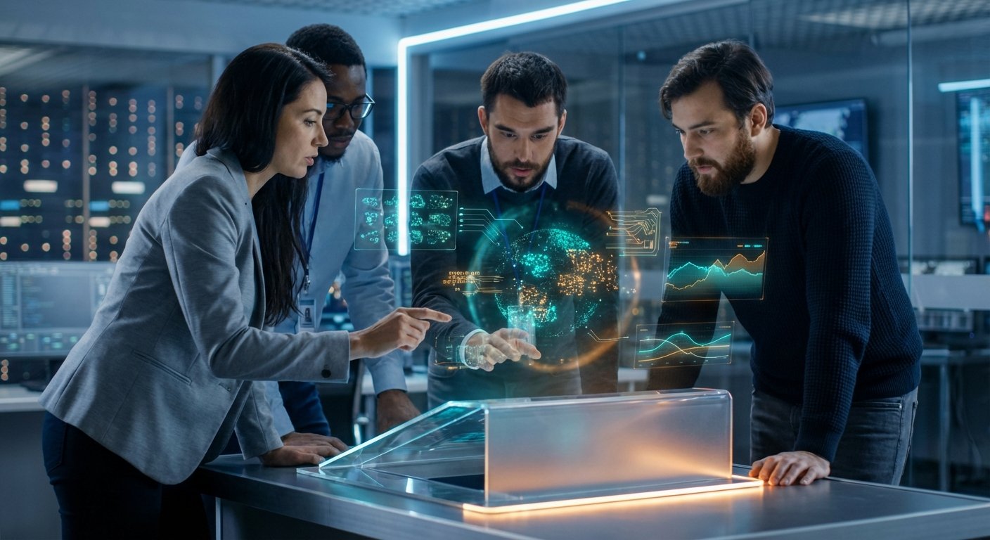 Cuatro profesionales de tecnología, dos hombres y dos mujeres, interactúan con una pantalla holográfica transparente que muestra un globo terráqueo con datos y gráficos, en un entorno de sala de servidores de alta tecnología. Una mujer y un hombre señalan las proyecciones.