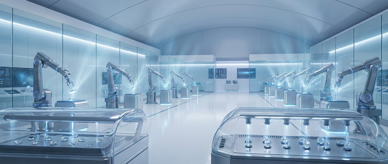 Amplio laboratorio futurista y limpio con brazos robóticos de precisión. En primer plano, vitrinas con objetos transparentes. En el fondo, pantallas de monitores con datos complejos.