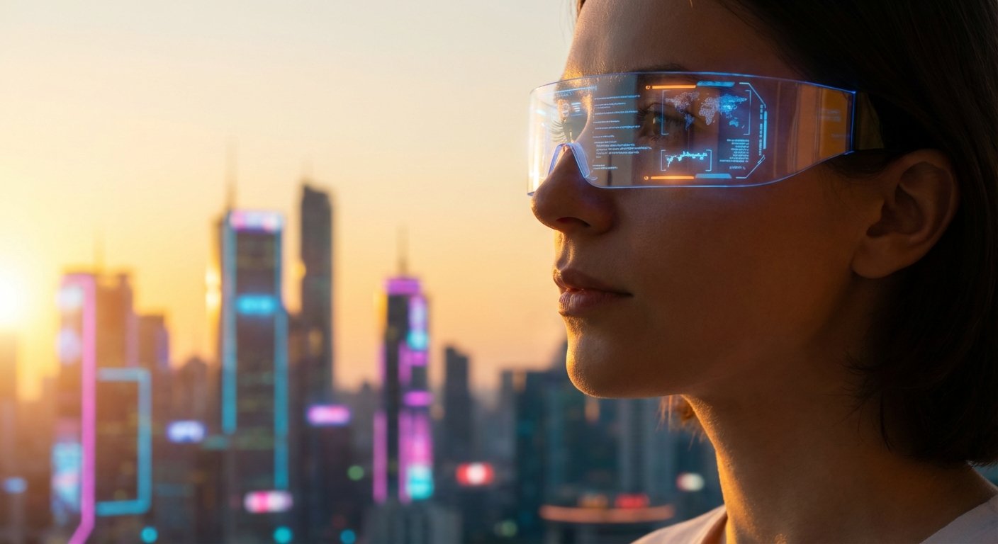 Mujer con gafas de realidad aumentada y datos proyectados en el cristal, mirando un horizonte urbano con rascacielos al atardecer.