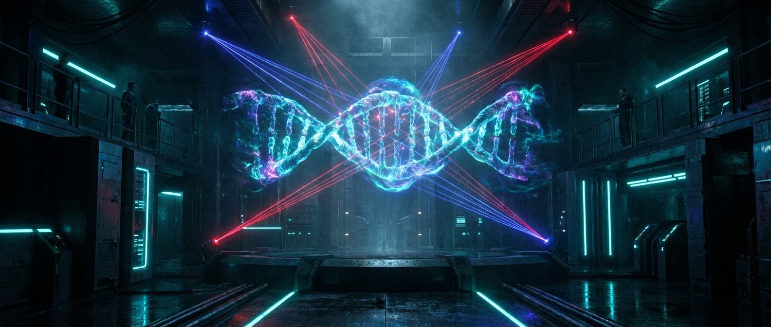 Una gran representación holográfica y brillante de una doble hélice de ADN en el centro de un laboratorio futurista oscuro, iluminada por láseres rojos y azules. Varias figuras humanas silueteadas observan desde plataformas elevadas.