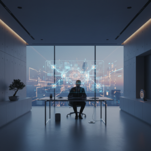 Mujer joven con auriculares concentrada trabajando en un portátil, con un fondo de oficina moderno y luminoso.
