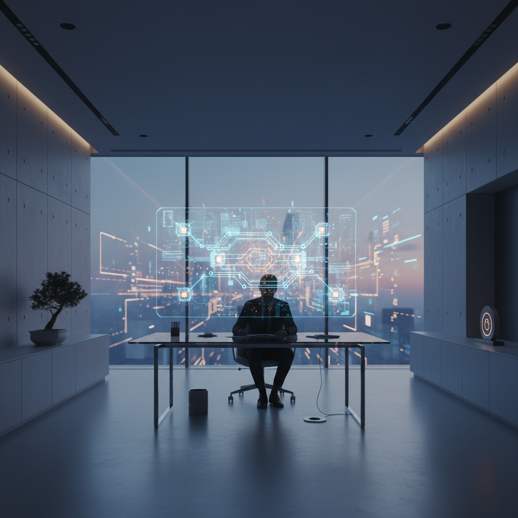 Mujer joven con auriculares concentrada trabajando en un portátil, con un fondo de oficina moderno y luminoso.