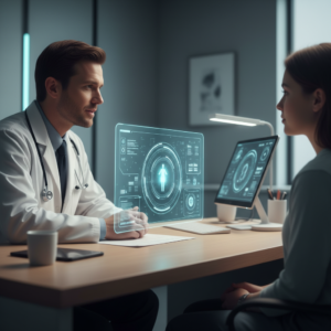 Una persona con guantes azules sostiene un frasco de perfume transparente sobre un fondo neutro, con las manos ligeramente borrosas por el movimiento.