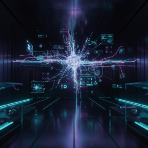 Mujer joven profesional trabajando concentrada en un portátil en una oficina moderna y luminosa con una planta de fondo.