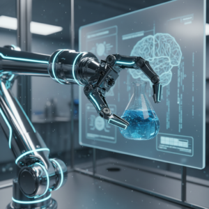 Persona trabajando concentrada con un portátil plateado sobre un escritorio de madera claro, con una taza de café blanca al lado. El fondo es una oficina moderna con plantas.