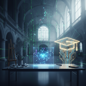 Hombre en traje azul marino y corbata roja hablando por teléfono móvil en un entorno de oficina.