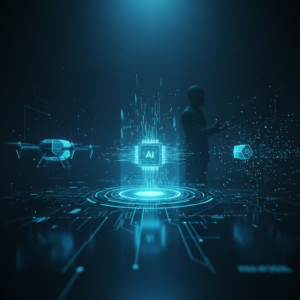 Vista aérea de una playa de arena dorada con el mar azul claro y espuma blanca de las olas. Se observan algunas sombrillas y sillas, indicando la presencia de bañistas.