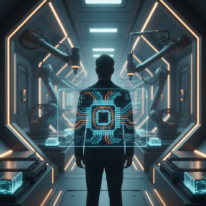 Un hombre joven con camisa blanca de manga corta y auriculares tipo diadema blancos, sentado frente a una computadora de escritorio con una pantalla grande, en un espacio de trabajo moderno. El hombre está sonriendo y mirando la pantalla, mientras que en el fondo se aprecian plantas y un entorno luminoso con ventanas.