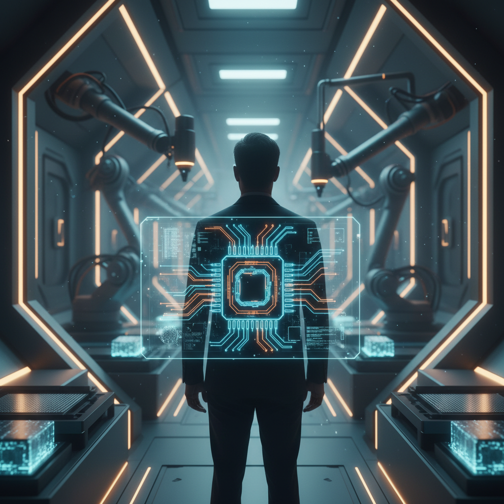 Un hombre joven con camisa blanca de manga corta y auriculares tipo diadema blancos, sentado frente a una computadora de escritorio con una pantalla grande, en un espacio de trabajo moderno. El hombre está sonriendo y mirando la pantalla, mientras que en el fondo se aprecian plantas y un entorno luminoso con ventanas.