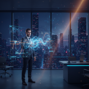 Persona pintando una pared de color azul claro con un rodillo. Hay una bandeja de pintura blanca en el suelo.