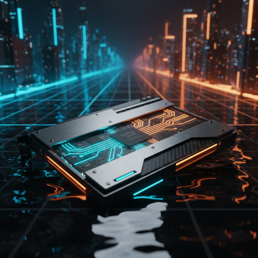Tarjeta gráfica futurista con iluminación LED azul y naranja sobre una superficie reflectante con cuadrícula tecnológica.