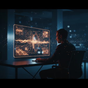 Mujer joven con pelo oscuro y gafas, sonriendo mientras toma notas en un cuaderno en un entorno de oficina luminoso.