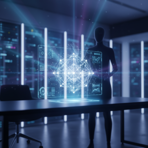 Joven mujer sonriendo, con cabello castaño, sosteniendo una taza de café en una mano y con la otra sobre el teclado de un ordenador portátil abierto, sentada en una mesa de madera en una cafetería.